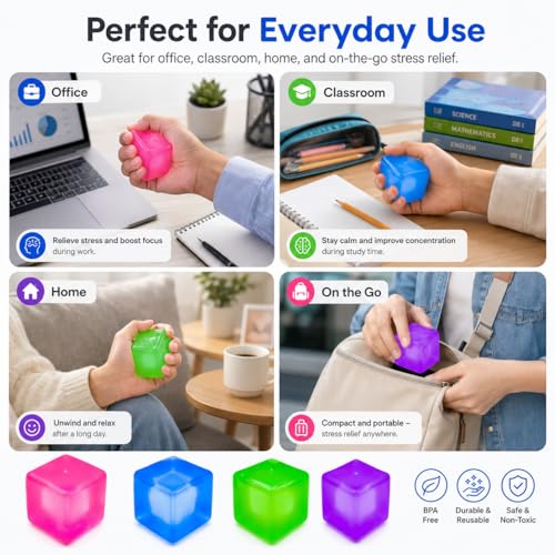 Stress Cube Squishy Toy, 1.97 Inch Slow Rising Fidget Stress Ball, Soft Squeeze Sensory Toy for Adults & Kids, Durable Leakproof Solid Color Cube, Gift-Ready for Office Classroom